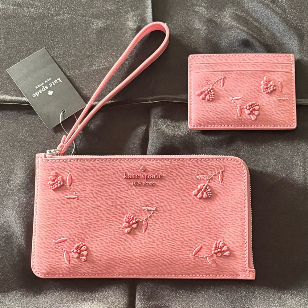 NWT Kate Spade Floral Embossed Wallet Wristlet + Card Holder Set Pink Bundle - Picture 2 of 4
